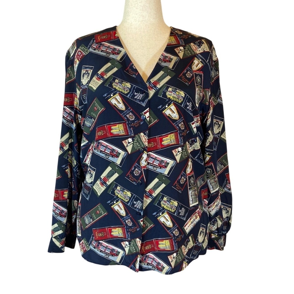 Liz Claiborne Silk Button Down Long Sleeve Blouse Size 16 Novelty Travel Print